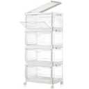 Freebat Collapsible Plastic Storage Bins with Wheels, Clear Stackable Storage Bins with Lid, Stackable Storage Bins with Open Door, Folding Storage Bins Organizer for Closet, Bedroom, Living Room