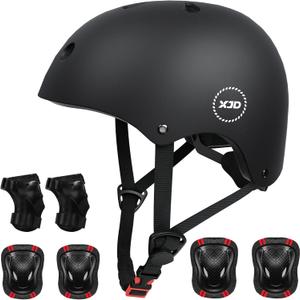 XJD Kids Bike Helmet,Multi-Sport Protective Gear Set for 3-5-8-14 Years Boys Girls with Knee and Elbow Pads Wrist Guards fit Roller Skates,Cycling,Skateboarding,Skating Scooter (Black, Small)