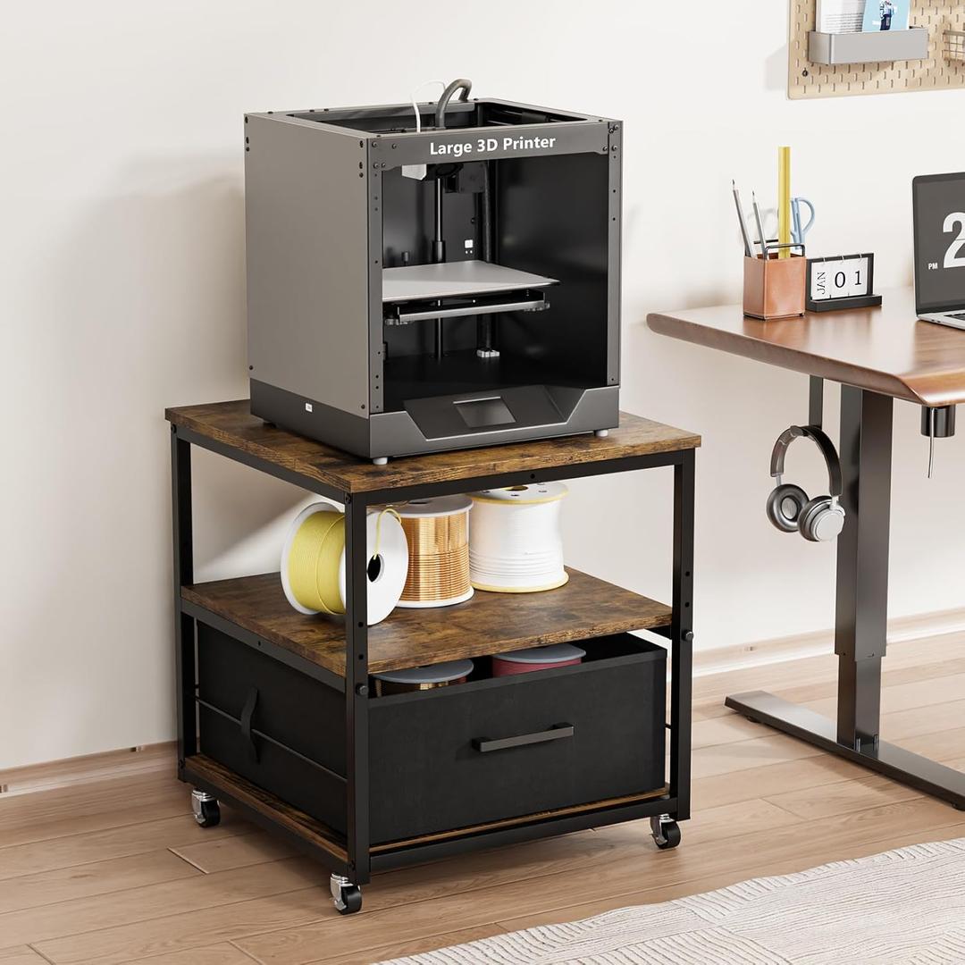 VINGLI 3 Tier Rolling Printer Stand with Storage, Mobile Printer Table with Adjustable Shelf, Heavy Duty 3D/Laser Printer Cart with Drawer for Fax Machine Copier Scanner (Rustic Brown)