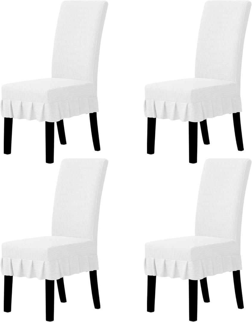 Easy-Going Dining Chair Covers Stretch Parsons Chair Slipcover with Skirt Chair Covers for Dining Room Restaurant Banquet (4 PCS, White)