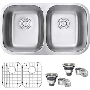 Ruvati 32-Inch Undermount Kitchen Sink  50/50 Double Bowl Kitchen Sink, 16 Gauge T-304 Stainless Steel Sinks, Deep Basin Sinks, Brushed Finish  RVM4300 (32.25 x 18.5 x 9 in)