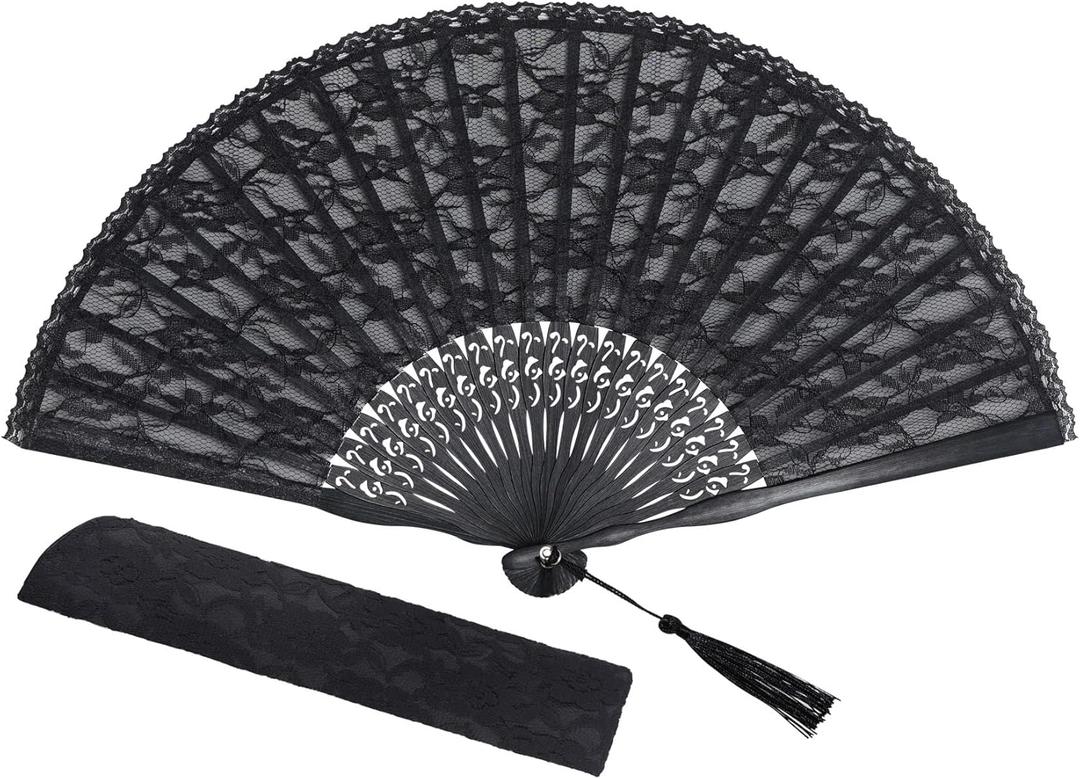 choyaxo Lace Handheld Chinese Folding Fan Bamboo Silk Folding Fan for Women Wedding Decoration Dancing Party, Black