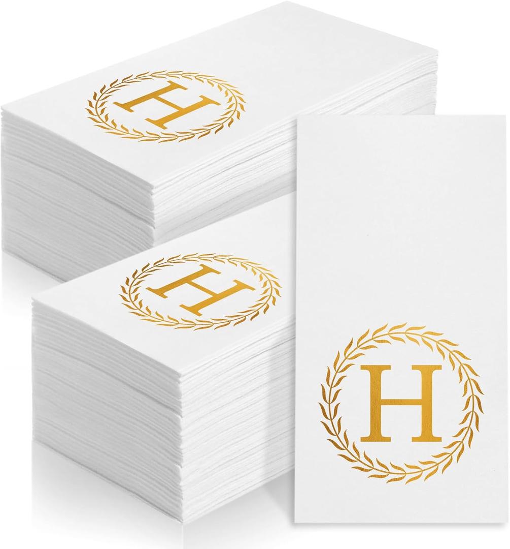 100 Gold Monogram Disposable Napkins - Letter H Hand Towels Decorative, Dinner Napkins for Guest, Monogrammed Hand Towels for Bathroom Wedding Birthday Party Baby Shower