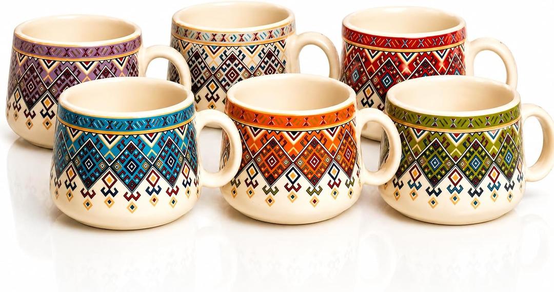 Handcrafted Set of 6 Ceramic Tea Cups 150 ML Elegant Porcelain Breakfast Coffee Mugs Boho Style For Cortado Cappuccino Espresso Kulhad Chai Microwave & Dishwasher Food Safe For Home Office Kitchen