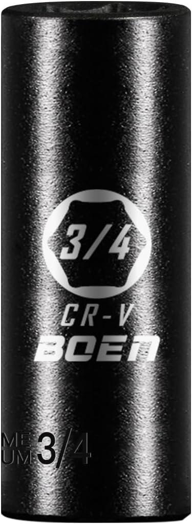BOEN 1/2" Drive Deep Impact Sockets, Premium Impact Socket, 3/4 Inch Socket, SAE, 6 Point, Cr-V Steel with Laser Marking - Strong and Durable