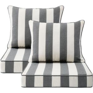 Outdoor Patio Chair Cushions Set, 22" x 22", Set of 2, Water-Repellent, Fade Resistant, Deep Seat Bottom and Back Cushion for Backyard, Couch, Sofa and Patio Furniture, Gray Stripe
