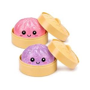 Binkahui 2 PCS Mystery Sparkly Pink & Purple Dumpling Squishies with Steamer Box, Soft Stretchy Bao Bun Stress Relief Balls, Sensory Fidget Squeeze Toys for Anxiety Relief, Decompression Desk Toys