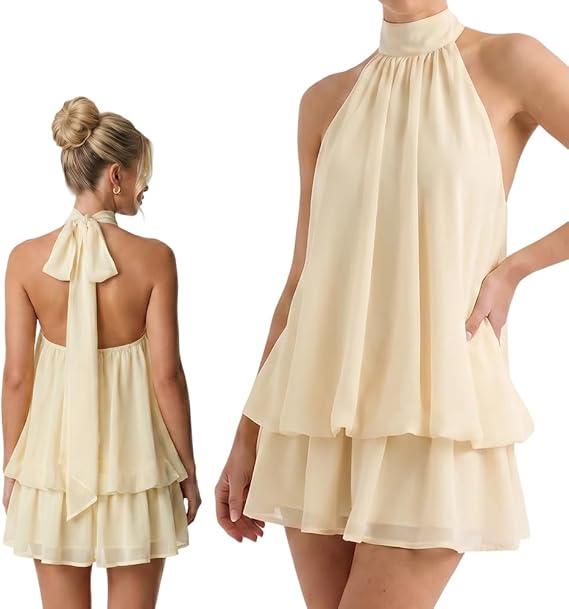 ZiTour Women's Summer Fashion Party Halter Dress Tie Open Back Sleeveless Ruffle Hem, S