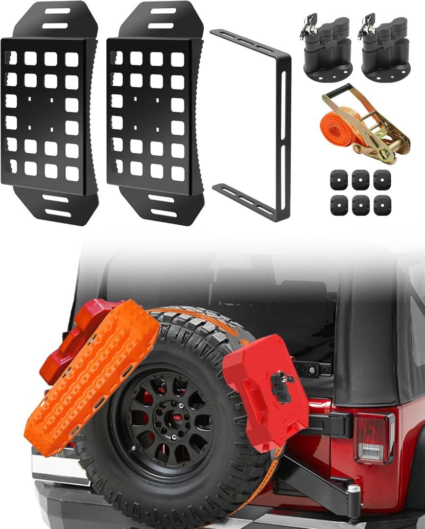 2 Pcs Lockable Universal Quick Release Spare Tire Mount with Ratchet Strap, Molle Panel Tire Mount with Oil Drum Lock and Vehicle Tow Plate Mount, Steel, Fit for 30" - 40" Diameter Tires