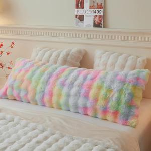 LIFEREVO Fluffy Faux Rabbit Fur Body Pillow Cover, Cozy Tie Dye Bubble Shaggy Plush Bed Body Pillowcase with Zipper Closure, Long 20"x54" Fuzzy Furry Pillow Case for Bedroom Home Decoration, Rainbow