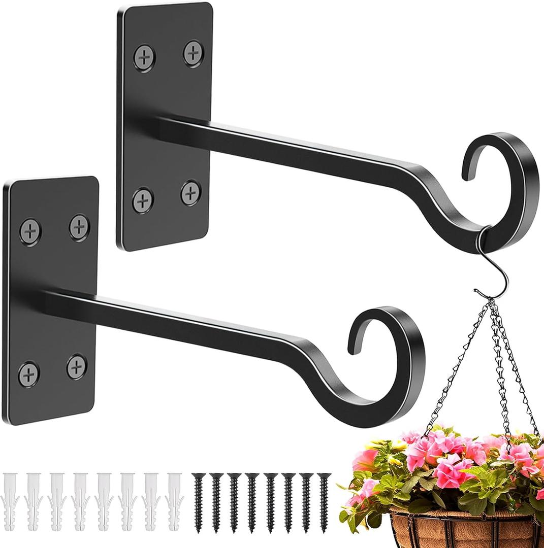 Heavy Duty Plant Hangers Outdoor- Hand-Forged Hanging Plant Brackets - 2 Pack 12 Inch Black Wrought Iron Wall Plant Hooks for Hanging Plants, Lanterns, Bird Feeders