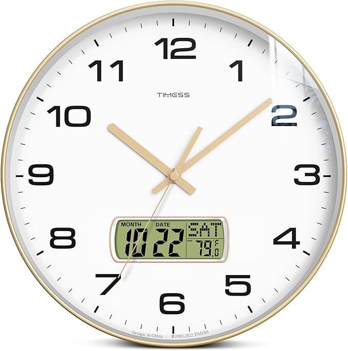 Wall Clock, 14" Dial Non-Ticking Silent Battery Operated Analog with LCD Display for Perpetual Calendar and F° Temperature, Ideal Modern Home, Bedroom, Kitchen, Office Decor (Gold)