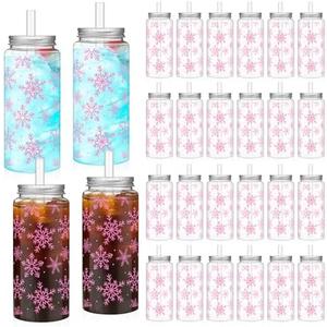 Romooa 12 Pack Winter Reusable Cups Bulk 13.5 oz Plastic Cups with Lids and Straws Winter Drinking Holiday Set Reusable Party Coffee Jar Water Bottles for Party Drinks(Pink Snowflake)
