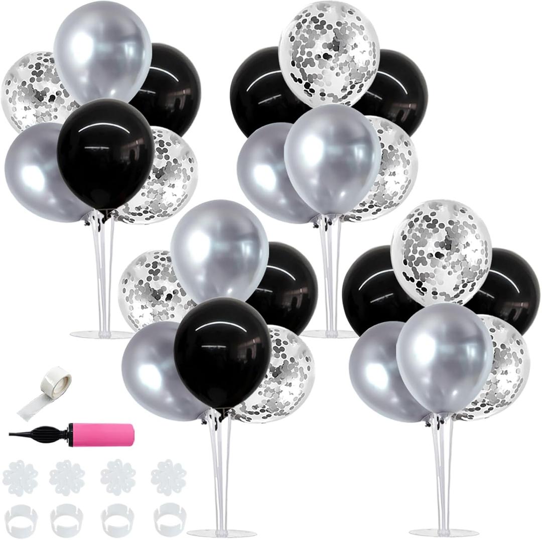 TONIFUL 4 Set Black and Silver Balloon Centerpiece for Table, Balloon Stand Kit for Birthday, Anniversary, Wedding, Halloween and Black Silver Party Decorations,2026 Graduation Decorations,Retirement, 12 inches