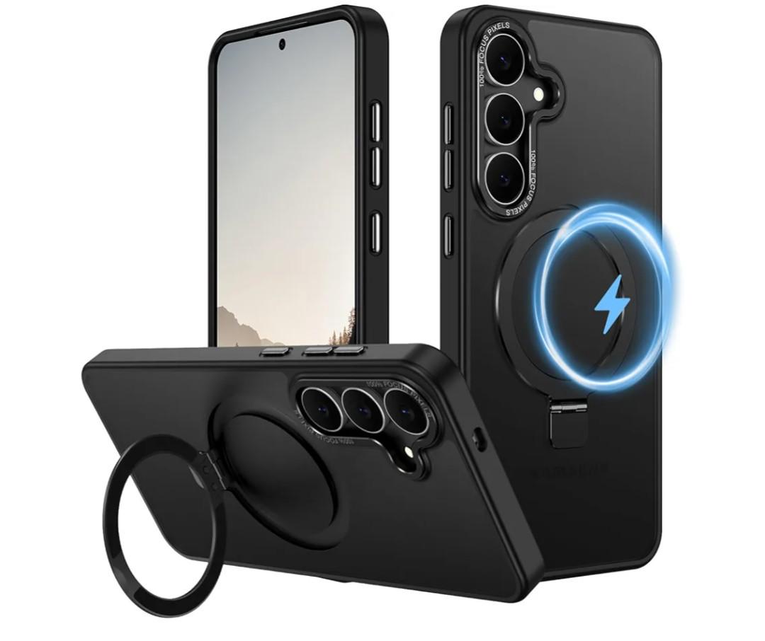 for Galaxy S25 FE Case,[Compatible with MagSafe][Invisible Magnetic Stand Ring Holder],Slim Shockproof Translucent Matte Back Cover for Samsung Galaxy S25 FE 6.7",Black