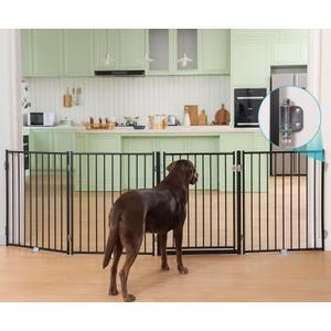 No Pawblems Free Standing Dog Gate with Door, 30'' Tall Foldable Dog Fence for Indoor & Outdoor, Up to 104 Inch Extra Wide Puppy Gate for Stairs, Hallways, Doorways, Deck, Yard (Black, 4 Panels)