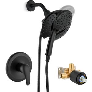 Single Handle Shower Faucet Set with Valve,Shower Trim Kit with 9-Spray 2-in-1 Dual Hand Held Shower Head with Hose Included without Tub Spout Matte Black