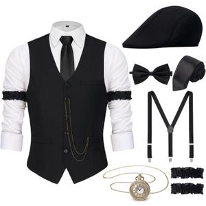 YESSA 1920s Mens Costume,Roaring 20s Costumes for Men,Gatsby Costume Men,1920s Mens Outfit Hat Vest Pocket Watch Tie (Large, Black)