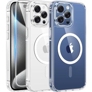 FNTCASE for iPhone 15 Pro-Max Case: Clear Magnetic Phone Cases with Screen Protector Compatible with Magsafe Slim Anti Yellowing Rugged Shockproof Protective Transparent Cell Cover (A-Clear)