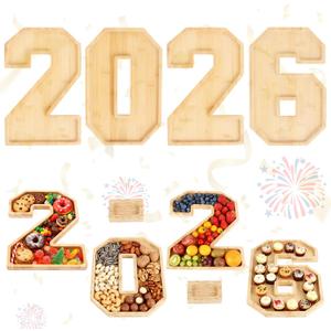 6 Packs 2026 Charcuterie Numbers Letter Board Bamboo Food Serving Trays Wooden Serving Platter for Fruit Vegetable Cupcake Cheese Plates with 2 Sauce Dishes for New Year, Graduation Party Tabletop