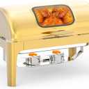 GarveeHome Roll Top Chafing Dish for Buffet, 9QT Retangle Stainless Steel Food Warmer Server with Visible Lid Water Pan Stand Fuel Holder Clip,for Parties, Birthday, Hotels and Weddings, Gold
