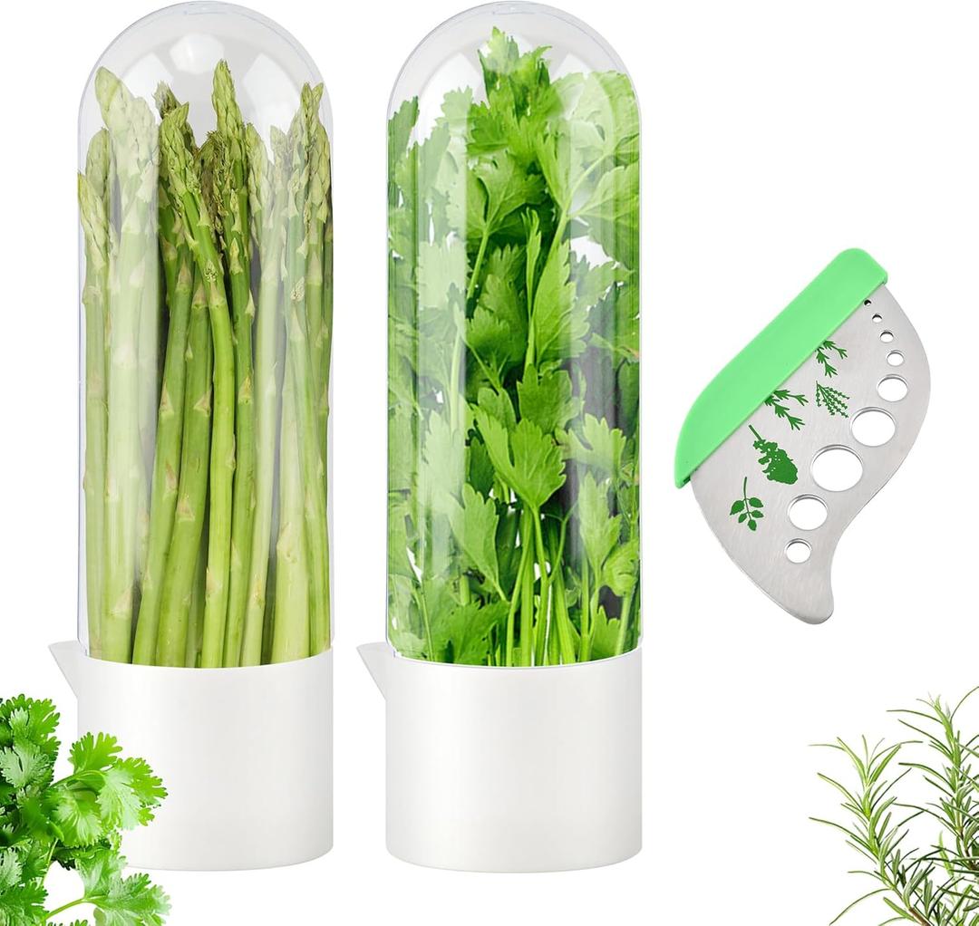 Herb Keeper for Refrigerator with Herb Peeler - 2 Sets Herbs Saver & Vegetable Preservation Container, Extends Freshness Up to 2-3 Weeks for Cilantro, Basil, Parsley, Mint & Greens