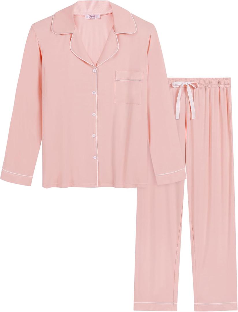Cherrydew Women Cooling Breathable Pajama Bamboo Viscose Soft Sleepwear Long Sleeve Button Down Loungewear Moisture Wicking (X-Large, Peach)