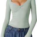QINSEN Womens Long Sleeve Twist Front V Neck T Shirts Double Lined Slim Fit Trendy Top Tee (Small, Green)
