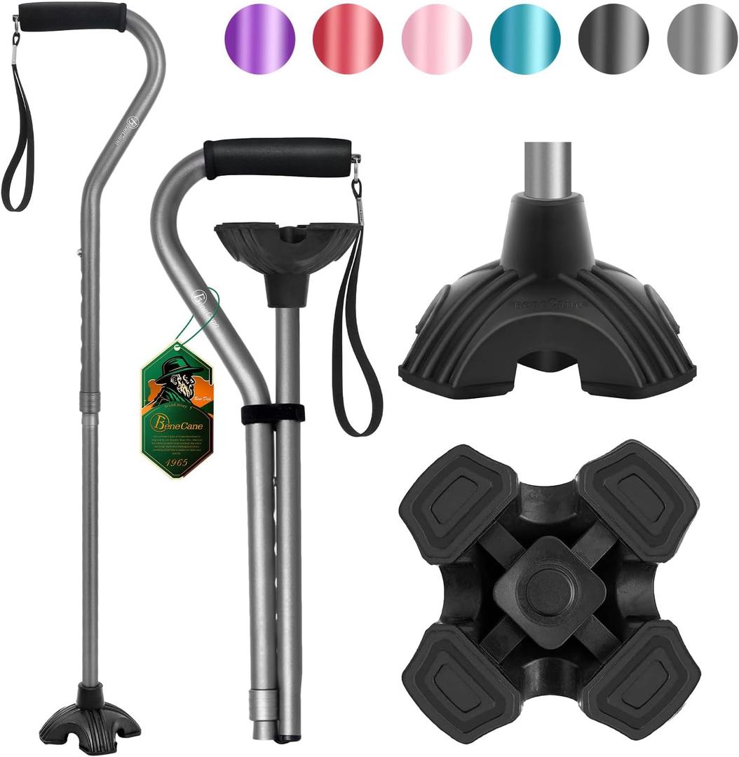 BeneCane Walking Cane Adjustable Cane with Offset Soft Cushioned Handle for Men & Women Lightweight Comfortable Extra Stability Base Mobility Aid for Men Women and Seniors (Gray)
