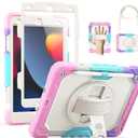 SEYMAC Kids Case for iPad 9th/8th/7th Generation 10.2", Full-Body Shockproof Heavy Duty Protective Case with Screen Protector, Rotating Stand/Handle/Shoulder Strap, Colorful Pink
