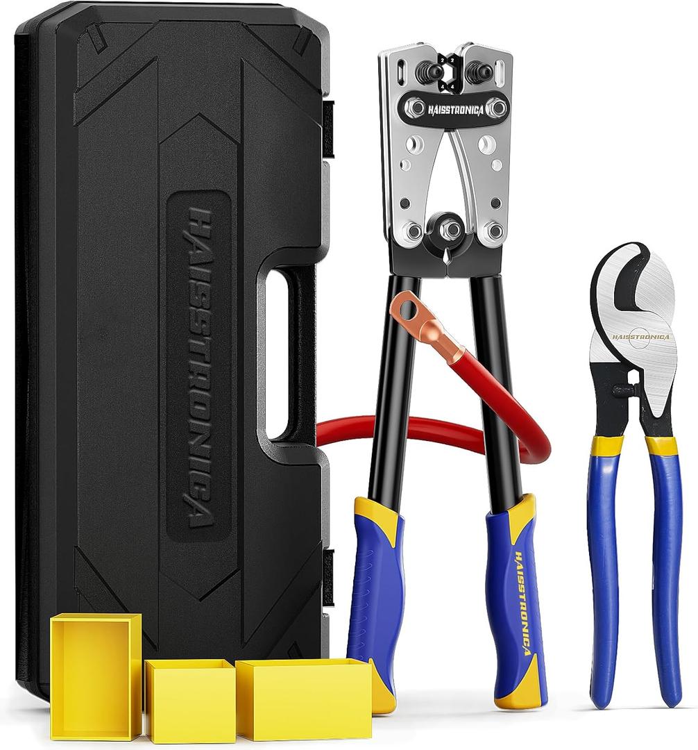 haisstronica Heavy Duty Battery Cable Crimping Tool Kit-Ratchet Hex Extended Handle Crimper for 8,6,4,2,1,1/0 AWG Copper Lugs with Blow Molded Box,Cable Cutter