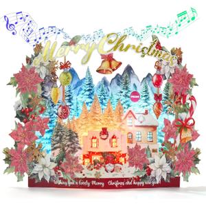 10 x Pop Up Christmas Cards, 3D Paper Woodland Winter Popup Holiday Greeting Card with Lights and Music for Family Friends in Christmas Holiday New Year - Includes Envelop and Note Card