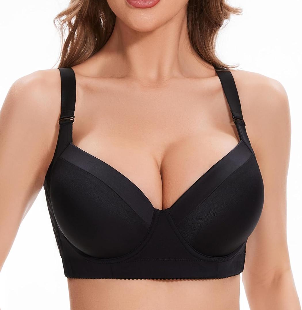 Plus Size Push Up Bras for Women Back Fat Smoothing Bra Comfort Lightly Underwire T-Shirt Bra (36D, Black)