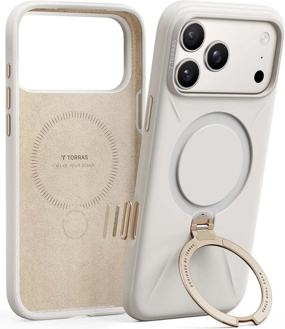 TORRAS Q3 Silicone for iPhone 17 Pro Max Case Stand, Fit for MagSafe, Liquid Silicone Soft Cozy Grip, 360 Spin Magnetic Stand, Camera Control, Protective Case for iPhone 17 Pro Max, Ivory Gold