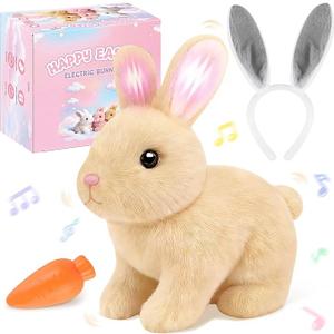 LAITYUM Realistic Bunny for Kids - Interactive Hopping Bunny Toy Set with Headband, Electric Lifelike Robot Rabbit that Move, Walking Barking and Wagging Tail Bunby Stuffed Animal with Sounds,Brown