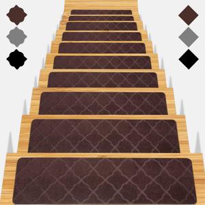 Stair Treads for Wooden Steps 15pcs - 8x30in Carpet Stairs Runner Indoor Non-Slip Stair Mats for Kids Elders and Pets (Flower Brown)