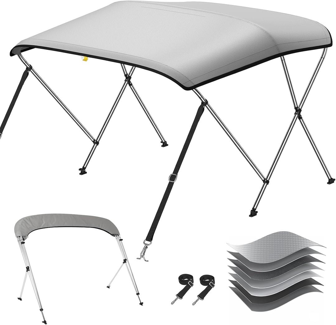 KAKIT Bimini Top for Boats, Heavy Duty 7 Layers 1200D Oxford Boat Canopy with Support Poles & Storage Boot(3 Bow 6'L x 46" H x 73"-78" W,Grey)