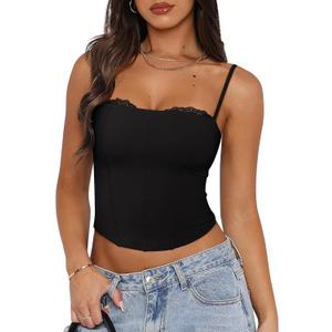 PINKMSTYLE Womens Lace Bustier Corset Tops Spaghetti Strap Tank Tops for Going Out (Small, Black)