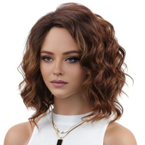 RENERSHOW Layered Short Wigs Ombre Brown Wavy Bob Wigs for Women Shoulder Length Brown Wave Curly Bobo Synthetic Casual Wig Natural Looking Daily Party Use