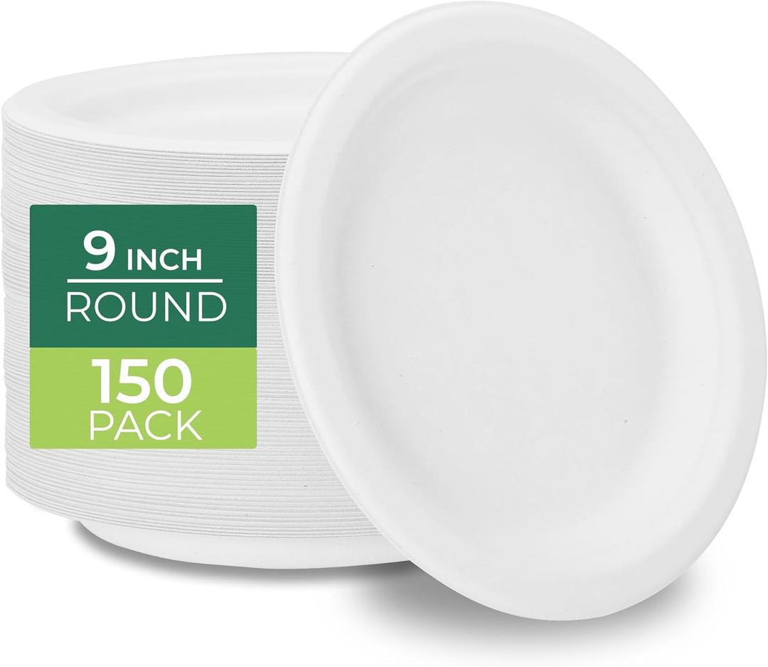 Freshware Paper Plates - Disposable 9" Plate, Biodegradable Sugarcane Dinner Plates - Heavy Duty Dinnerware for Hot Food - Microwave & Freezer Safe, Stackable Dinnerware - 150-Pack, 9 Inch