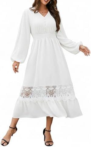Olaesa Long Sleeve Boho Maxi Dress Smocked V-Neck Wedding Guest Fall Dress | Flowy Bohemian Long Dress with Lace Hem, Winter Semi Formal Swing Dress with Pockets, Boho Western Dress Large, White