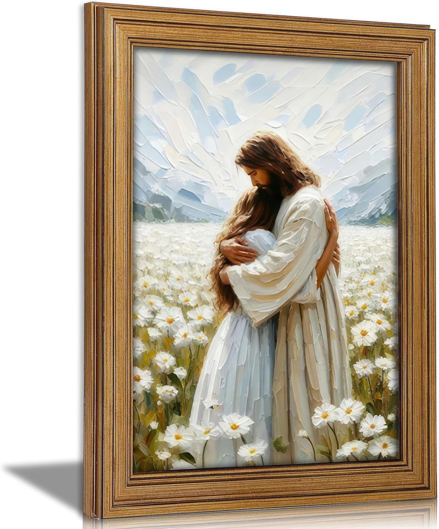 Vintage Gold Framed Jesus Wall Art Jesus Hugging Girl Christian Canvas Prints God Embracing Woman Picture Religious Beliefs Spiritual Painting Poster Artwork for Living Room Bedroom Church