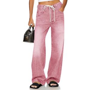 Cicy Bell Womens Wide Leg Jeans Drawstring High Waisted Baggy Straight Leg Jeans Trendy Boyfriends Denim Pants with Pockets Pink (Pink)