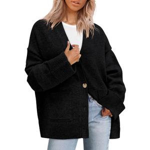 PRETTYGARDEN Women's 2026 Oversized Cardigan Sweaters Trendy Chunky Knit Long Sleeve V Neck Button Down Fall Winter Outfits (Large, Black)