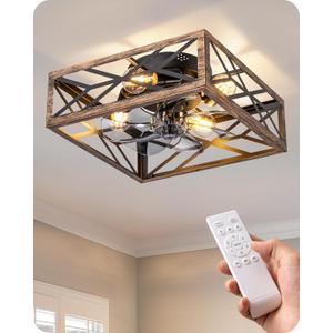 EDISHINE Caged Ceiling Fans with Lights Flush Mount, Rustic Square Low Profile Enclosed Fan Ceiling with Remote, 2/4 H Timer, Reversible 6 Speed, Farmhouse Small Fan for Bedroom, Kitchen, Dining Room