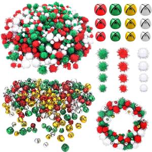 AceOrbit Christmas DIY Crafts Kits 900 Pcs Christmas Pom Poms and 200 Pcs Jingle Bells for Crafts for DIY Green Red Yellow and White Glitter Fluffy Balls Bells for Xmas Craft Decor for Home Office