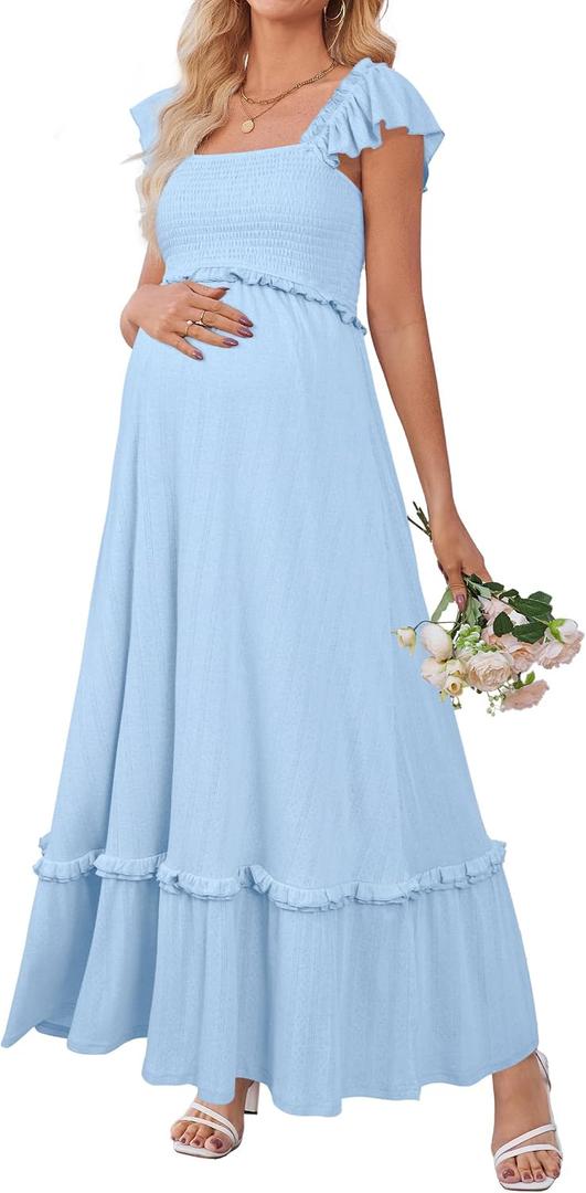 OUGES Womens 2026 Summer Maternity Photoshoot Dress Boho Maxi Smocked Baby Shower Dress Ruffle Sleeve Maternity Clothes (Blue, L)