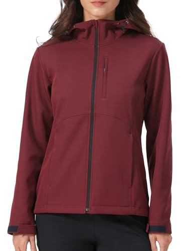 HOTSUIT Women's Softshell Fleece Lined Warm Windbreaker Jacket Light Hooded Water Resistant Rain Coat for Travel Daily, Red, Large