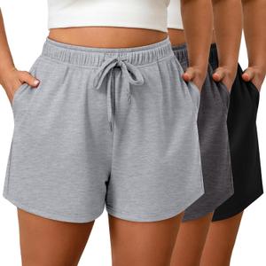3 Pack Plus Size Women's Drawstring Sweat Shorts Athletic Workout Comfy Lounge Shorts with Pockets (XX-Large, Black, Dark Gray, Light Gray)