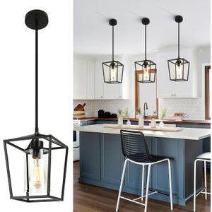 3 Pack Black Pendant Lights for Kitchen Island, 1-Light Farmhouse Metal Pendant Light Cage Kitchen Hanging Light Fixtures with Clear Glass Shade for Dining Room, Entryway, Hallway, Foyer